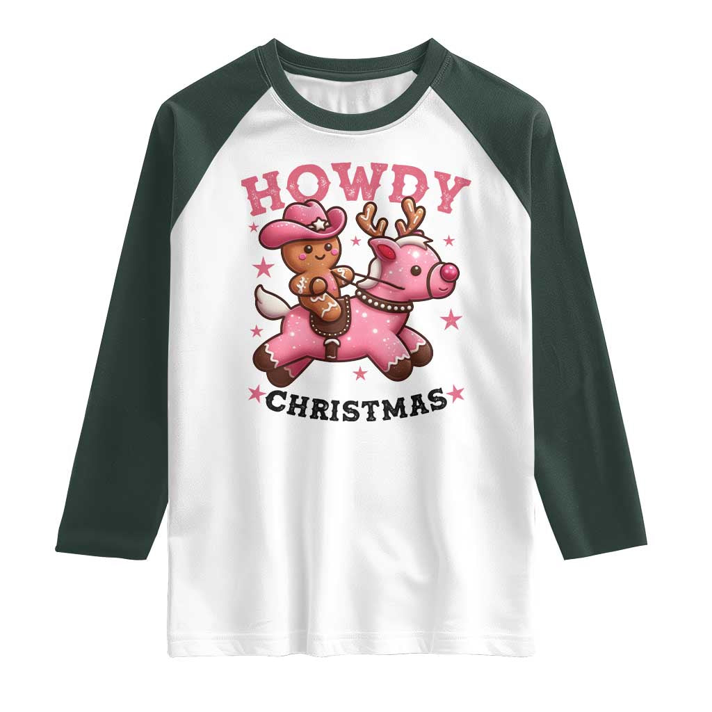 Howdy Christmas Raglan Shirt Funny Gingerbread Cowboy Riding Reindeer Gift For Girl TS12 White Dark Forest Green Print Your Wear
