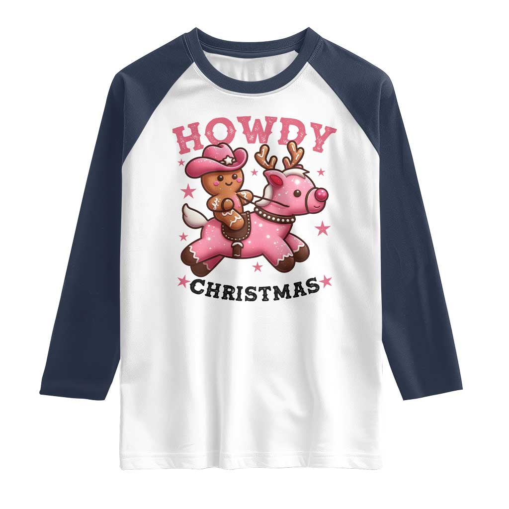Howdy Christmas Raglan Shirt Funny Gingerbread Cowboy Riding Reindeer Gift For Girl TS12 White Navy Print Your Wear
