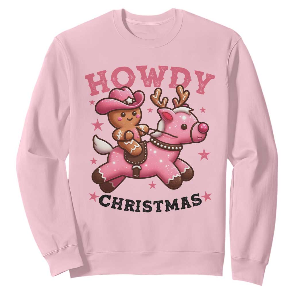 Howdy Christmas Sweatshirt Funny Gingerbread Cowboy Riding Reindeer Gift For Girl TS12 Light Pink Print Your Wear