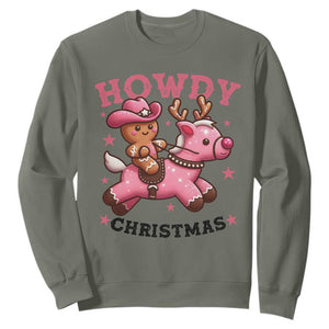 Howdy Christmas Sweatshirt Funny Gingerbread Cowboy Riding Reindeer Gift For Girl TS12 Military Green Print Your Wear