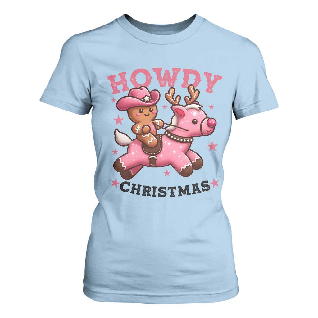 Howdy Christmas T Shirt For Women Funny Gingerbread Cowboy Riding Reindeer Gift For Girl TS12 Light Blue Print Your Wear