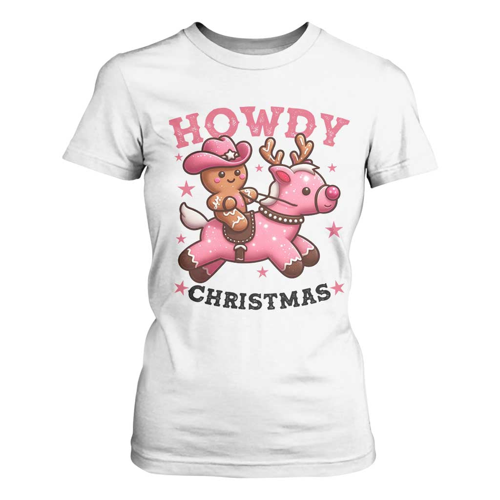 Howdy Christmas T Shirt For Women Funny Gingerbread Cowboy Riding Reindeer Gift For Girl TS12 White Print Your Wear