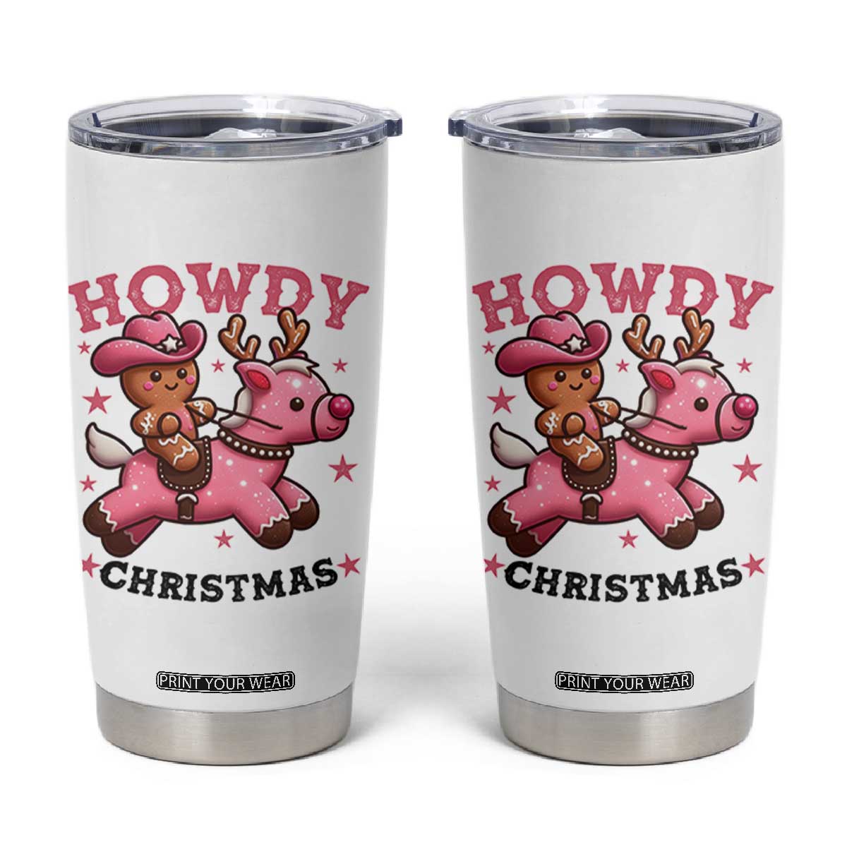 Howdy Christmas Tumbler Cup Funny Gingerbread Cowboy Riding Reindeer Gift For Girl TS12 White Print Your Wear