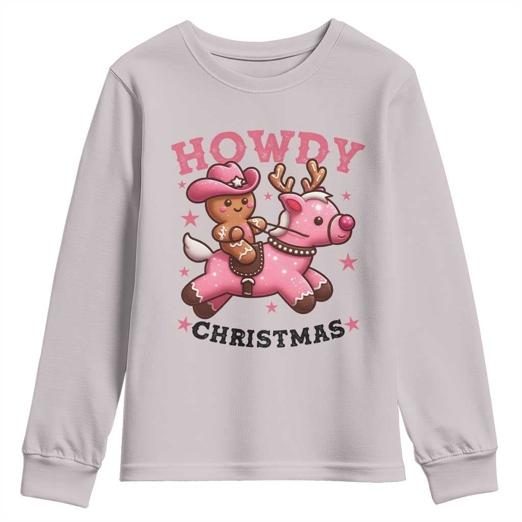 Howdy Christmas Youth Sweatshirt Funny Gingerbread Cowboy Riding Reindeer Gift For Girl TS12 Ice Gray Print Your Wear