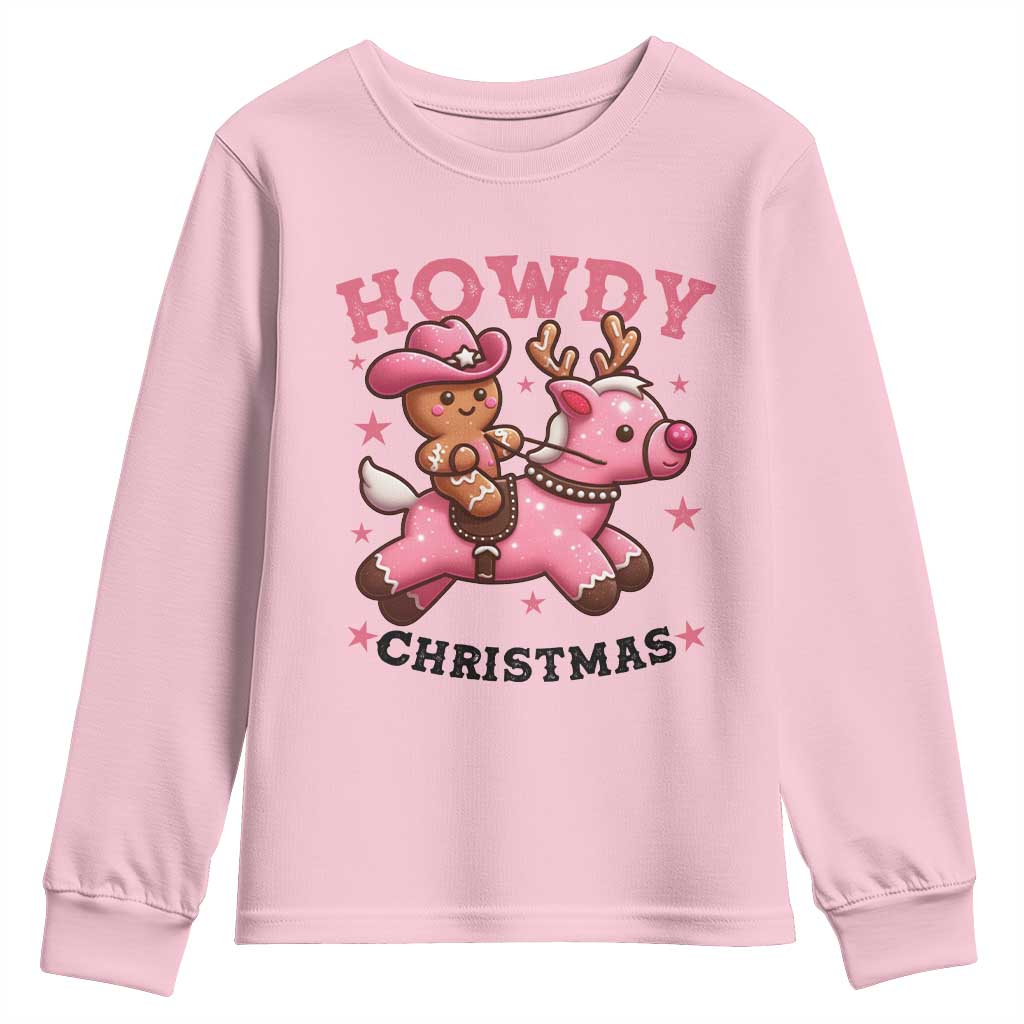 Howdy Christmas Youth Sweatshirt Funny Gingerbread Cowboy Riding Reindeer Gift For Girl TS12 Light Pink Print Your Wear