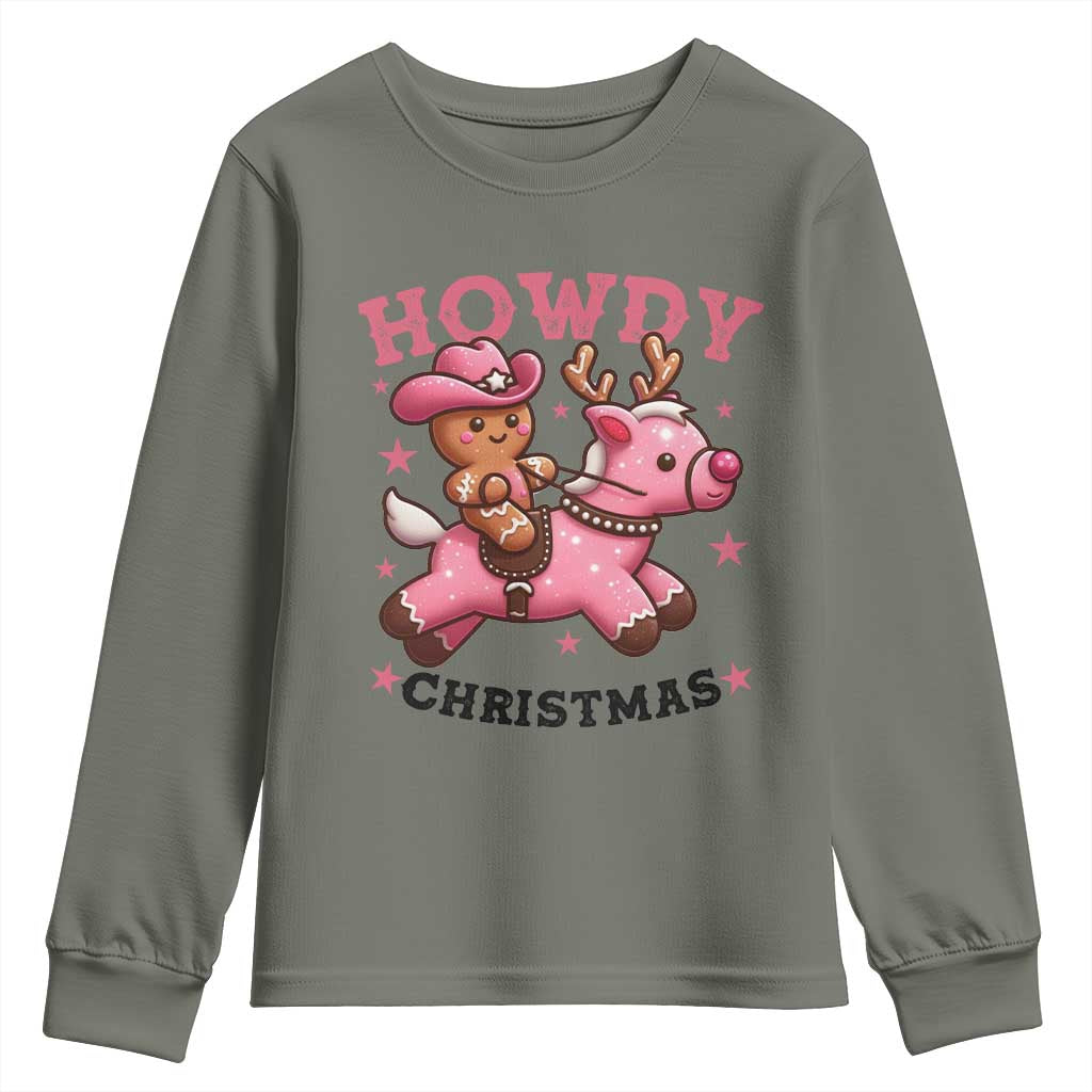Howdy Christmas Youth Sweatshirt Funny Gingerbread Cowboy Riding Reindeer Gift For Girl TS12 Military Green Print Your Wear