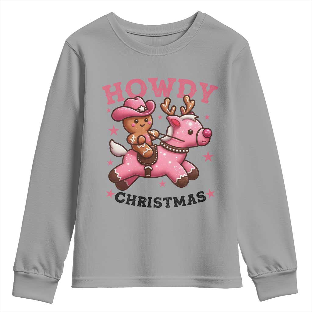 Howdy Christmas Youth Sweatshirt Funny Gingerbread Cowboy Riding Reindeer Gift For Girl TS12 Sport Gray Print Your Wear