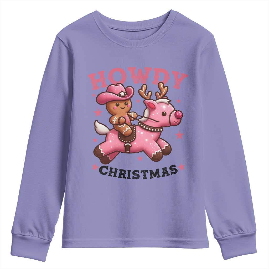 Howdy Christmas Youth Sweatshirt Funny Gingerbread Cowboy Riding Reindeer Gift For Girl TS12 Violet Print Your Wear