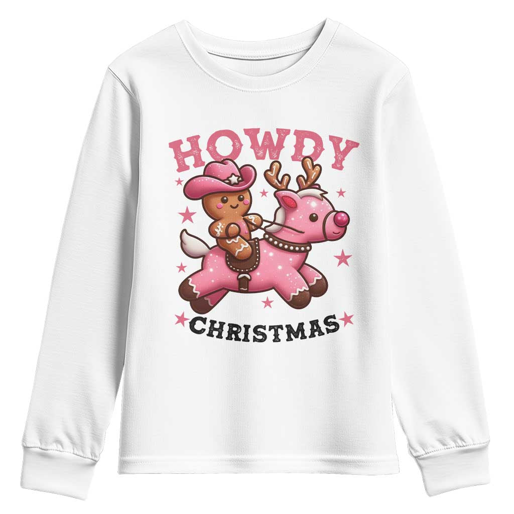 Howdy Christmas Youth Sweatshirt Funny Gingerbread Cowboy Riding Reindeer Gift For Girl TS12 White Print Your Wear