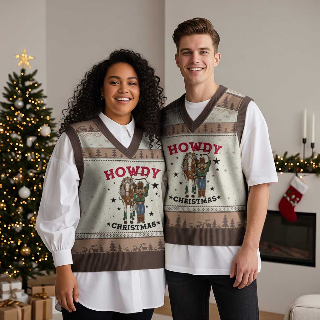 Funny Nutcracker Cowboy Howdy Xmas V-Neck Knit Sweater Vest Western Holiday Gift TS12 Mocha Mousse Print Your Wear