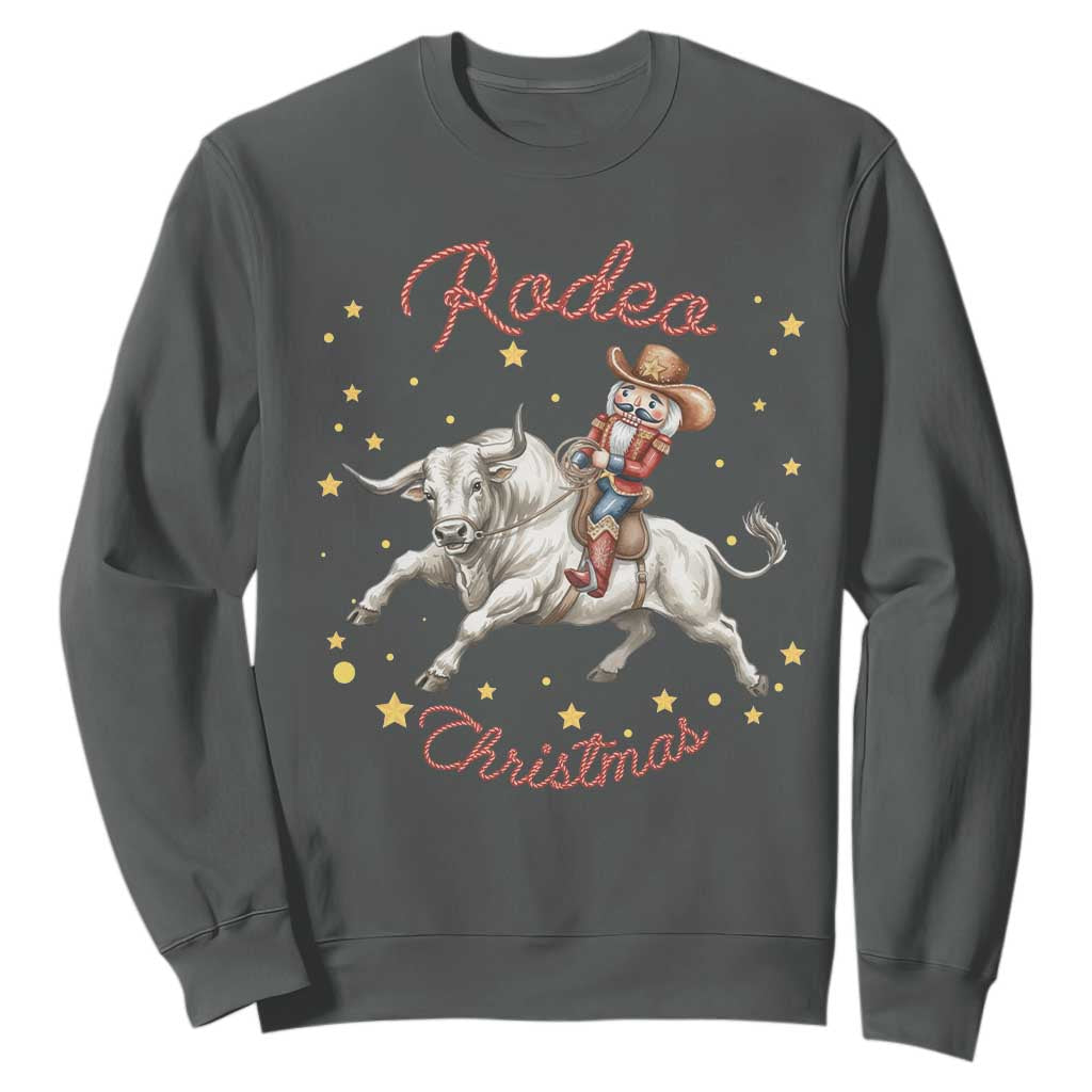 Funny Nutcracker Bull Riding Rodeo Christmas Sweatshirt Western Holiday Gift TS12 Dark Heather Print Your Wear