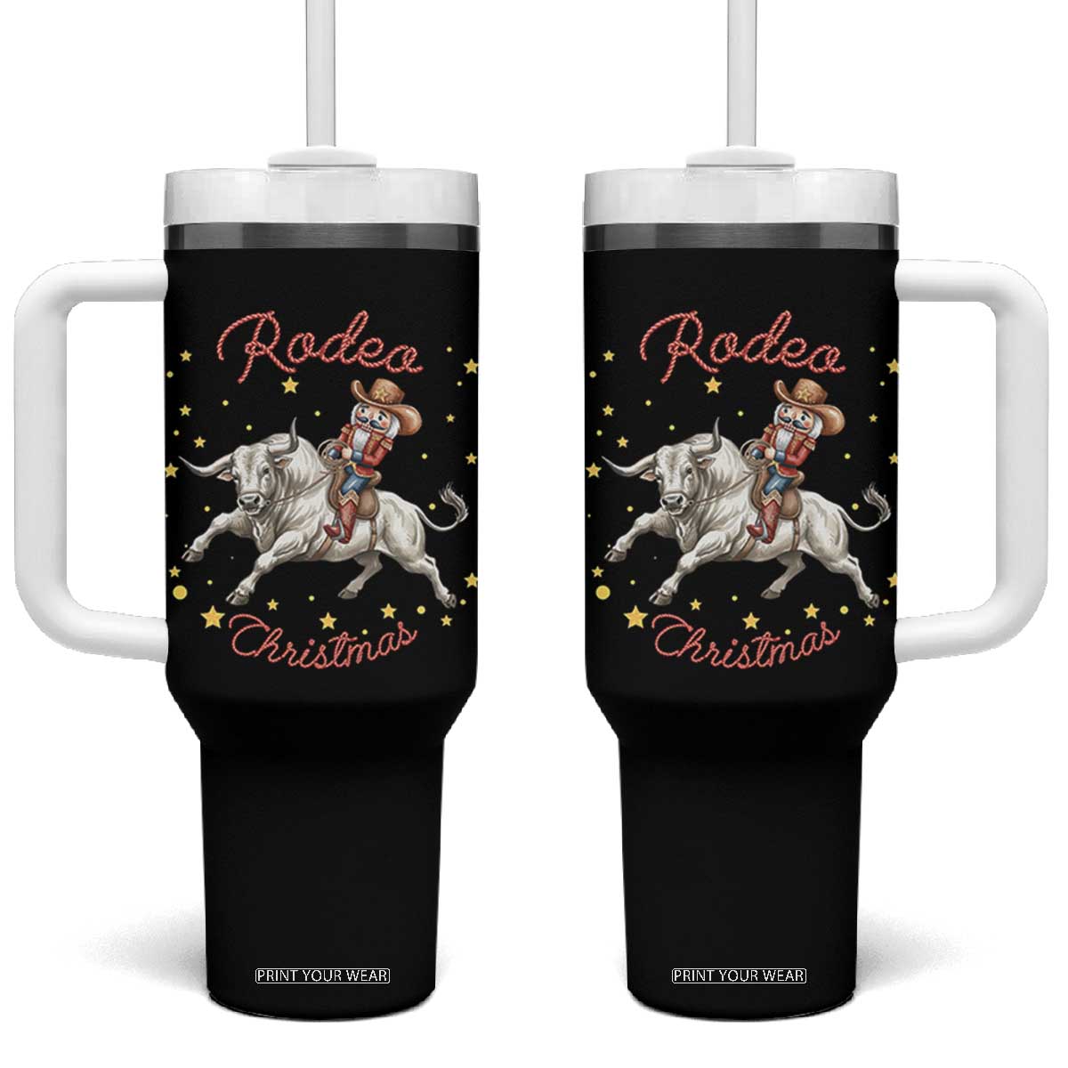 Funny Nutcracker Bull Riding Rodeo Christmas Tumbler With Handle Western Holiday Gift TS12 One Size: 40 oz Black Print Your Wear