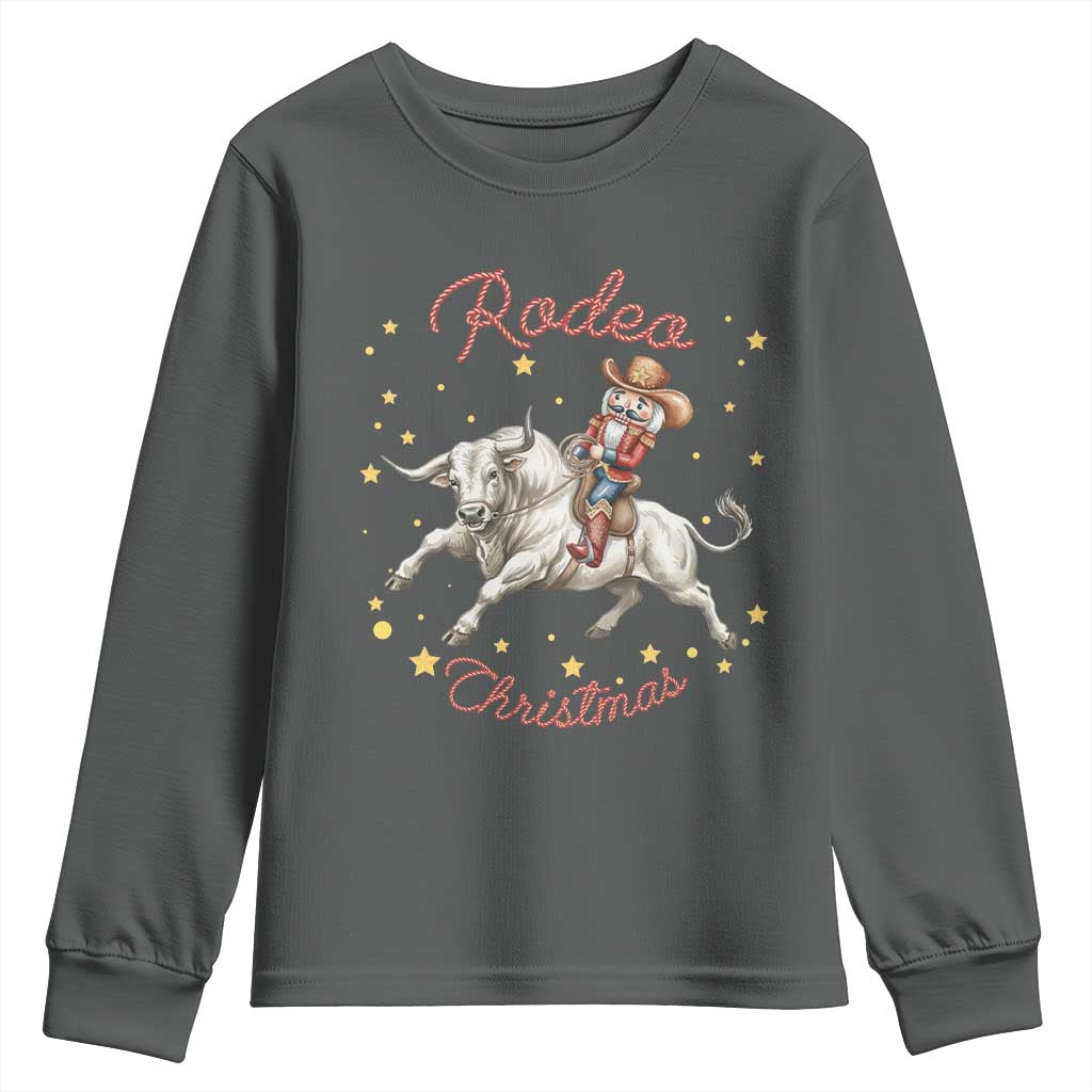 Funny Nutcracker Bull Riding Rodeo Christmas Youth Sweatshirt Western Holiday Gift TS12 Dark Heather Print Your Wear