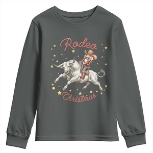 Funny Nutcracker Bull Riding Rodeo Christmas Youth Sweatshirt Western Holiday Gift TS12 Dark Heather Print Your Wear