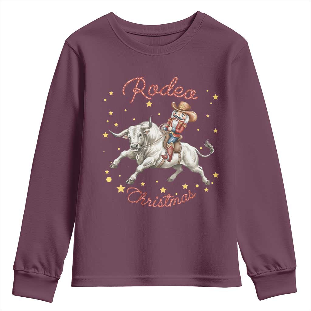 Funny Nutcracker Bull Riding Rodeo Christmas Youth Sweatshirt Western Holiday Gift TS12 Maroon Print Your Wear