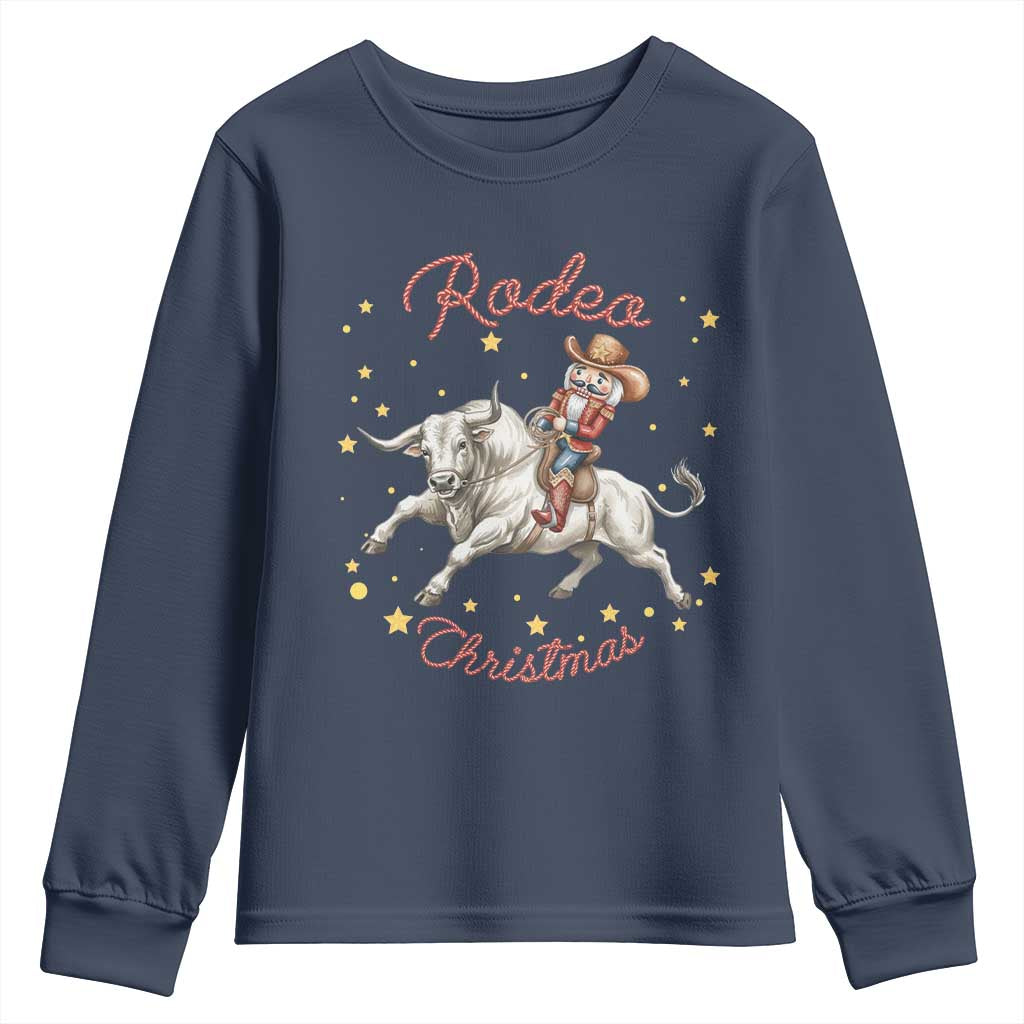 Funny Nutcracker Bull Riding Rodeo Christmas Youth Sweatshirt Western Holiday Gift TS12 Navy Print Your Wear