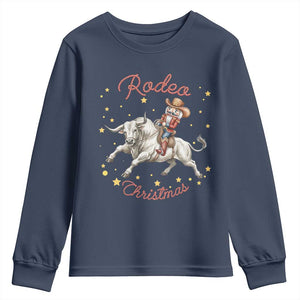 Funny Nutcracker Bull Riding Rodeo Christmas Youth Sweatshirt Western Holiday Gift TS12 Navy Print Your Wear