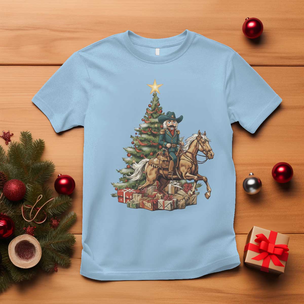 Funny Nutcracker Riding Horse T Shirt Western Life Christmas Gift TS12 Light Blue Print Your Wear