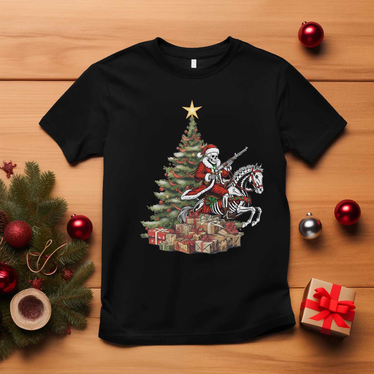 Outlaw Cowboy On Skeleton Horse T Shirt Dark Western Christmas TS12 Black Print Your Wear