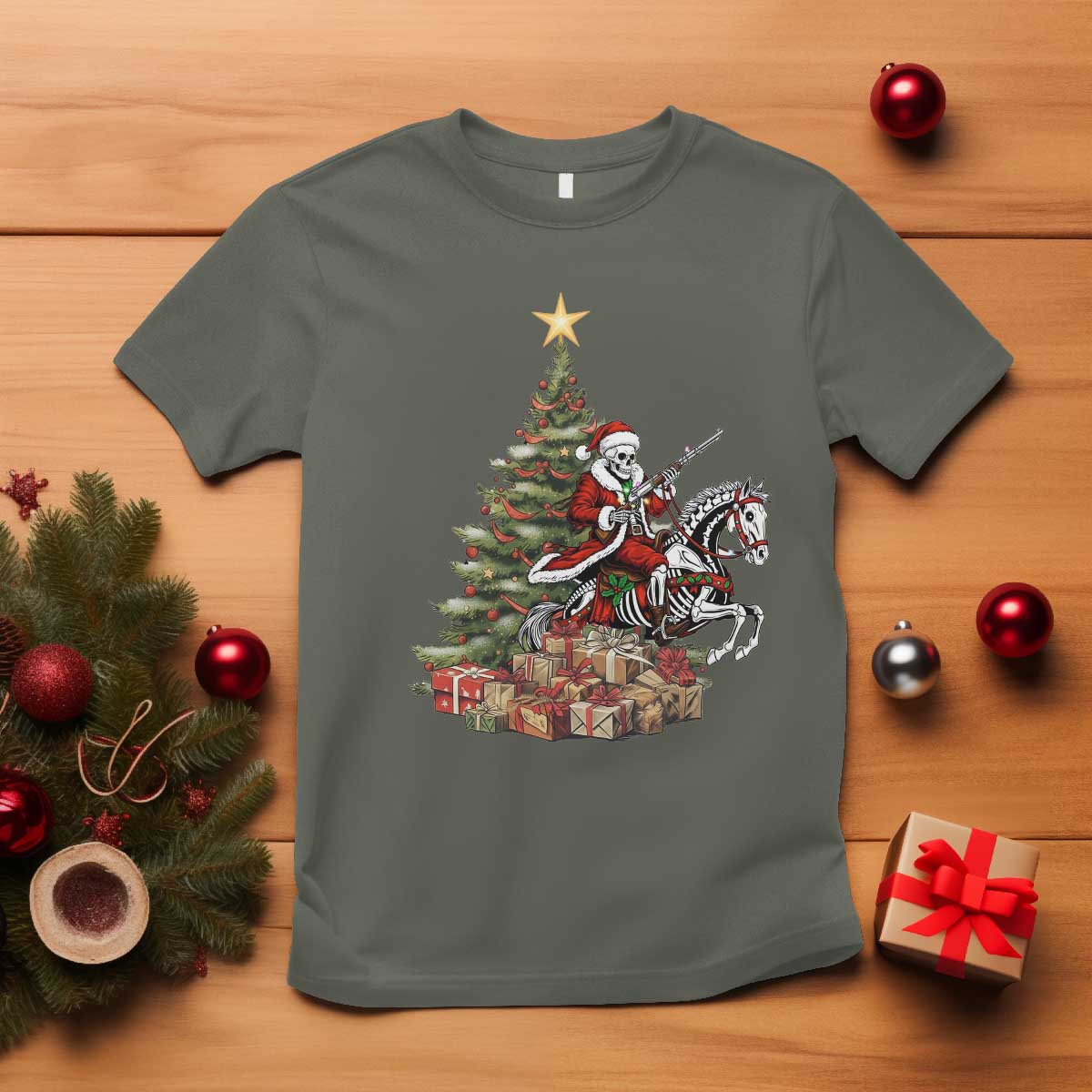 Outlaw Cowboy On Skeleton Horse T Shirt Dark Western Christmas TS12 Military Green Print Your Wear