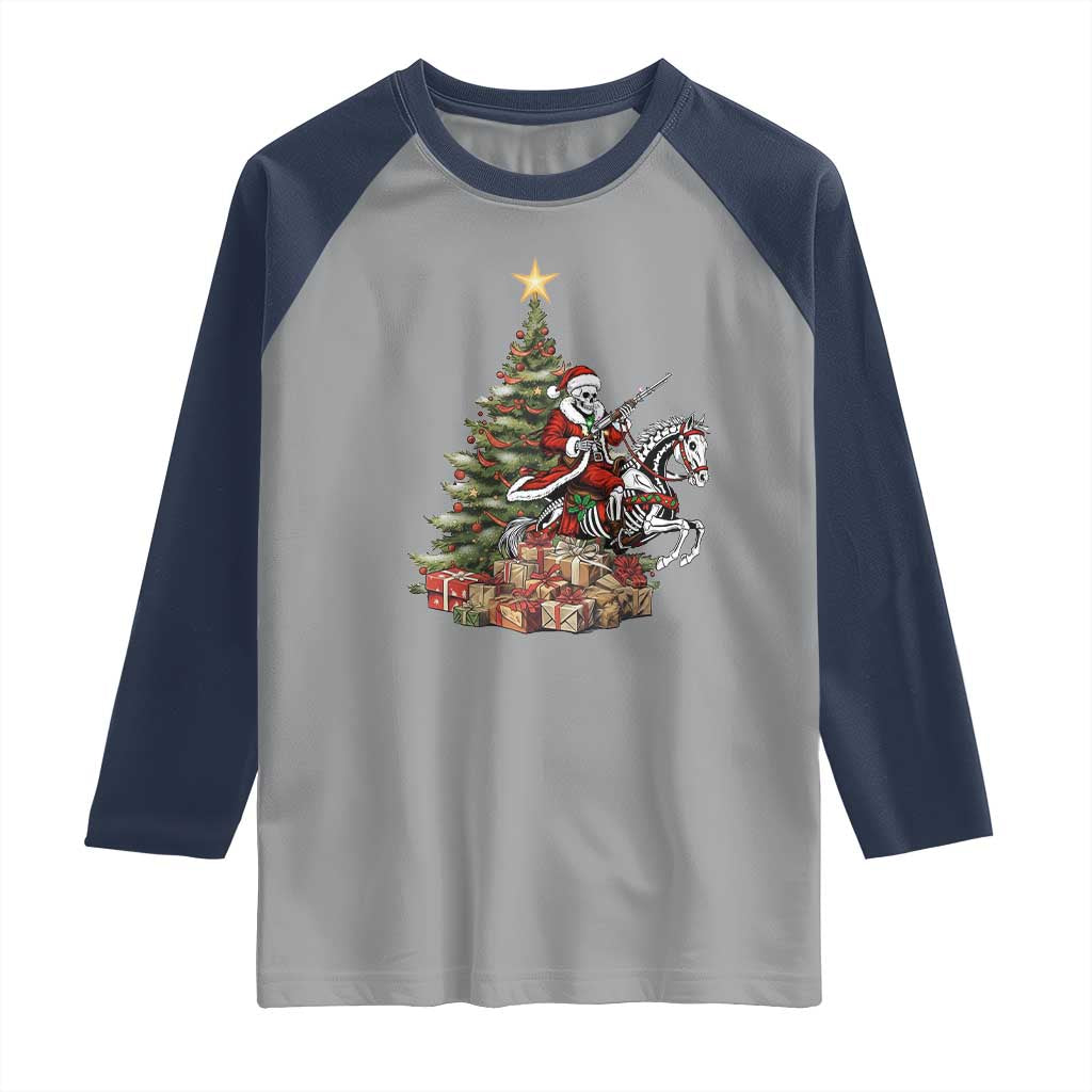 Outlaw Cowboy On Skeleton Horse Raglan Shirt Dark Western Christmas TS12 Sport Gray Navy Print Your Wear