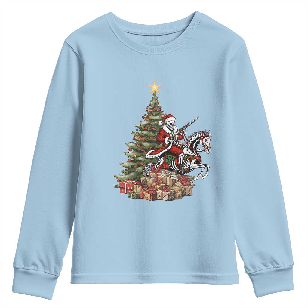 Outlaw Cowboy On Skeleton Horse Youth Sweatshirt Dark Western Christmas TS12 Light Blue Print Your Wear