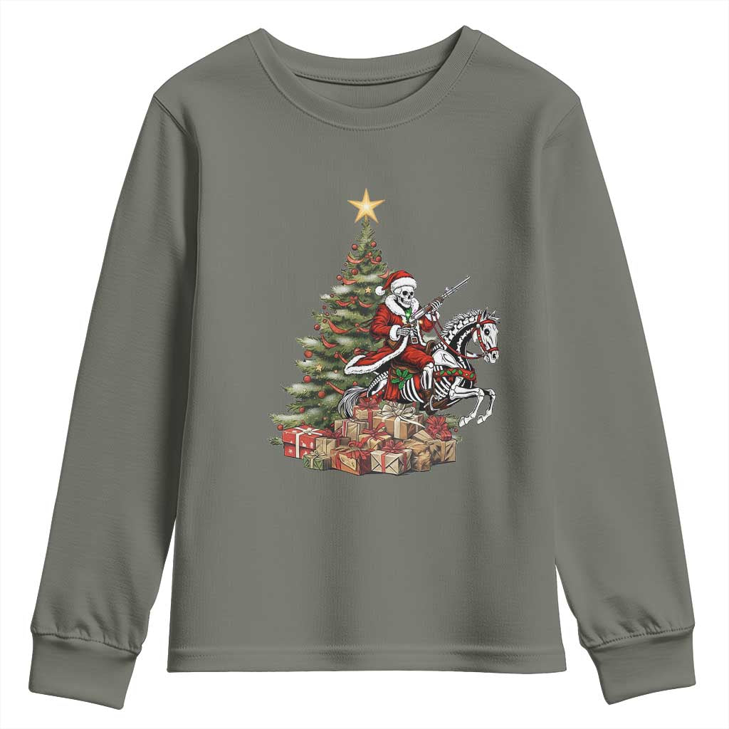 Outlaw Cowboy On Skeleton Horse Youth Sweatshirt Dark Western Christmas TS12 Military Green Print Your Wear