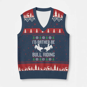 Id Rather Be Bull Riding V-Neck Knit Sweater Vest Rodeo Bull Rider Ugly Christmas Gift TS12 Navy Red Print Your Wear