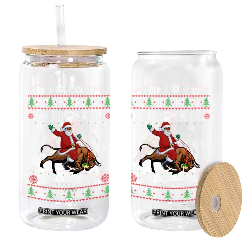 Id Rather Be Bull Riding Glass Can Black Santa Bull Rider Ugly Christmas Gift TS12 Print Your Wear