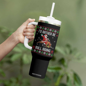 Id Rather Be Bull Riding Tumbler With Handle Black Santa Bull Rider Ugly Christmas Gift TS12 Print Your Wear