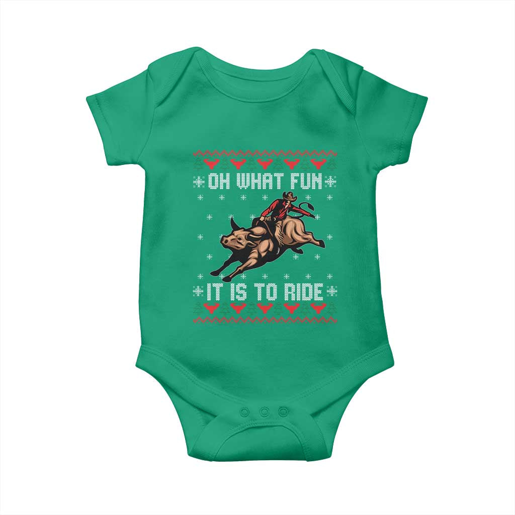 Western Bull Riding Ugly Christmas Baby Onesie Oh What Fun It Is To Ride TS12 Irish Green Print Your Wear