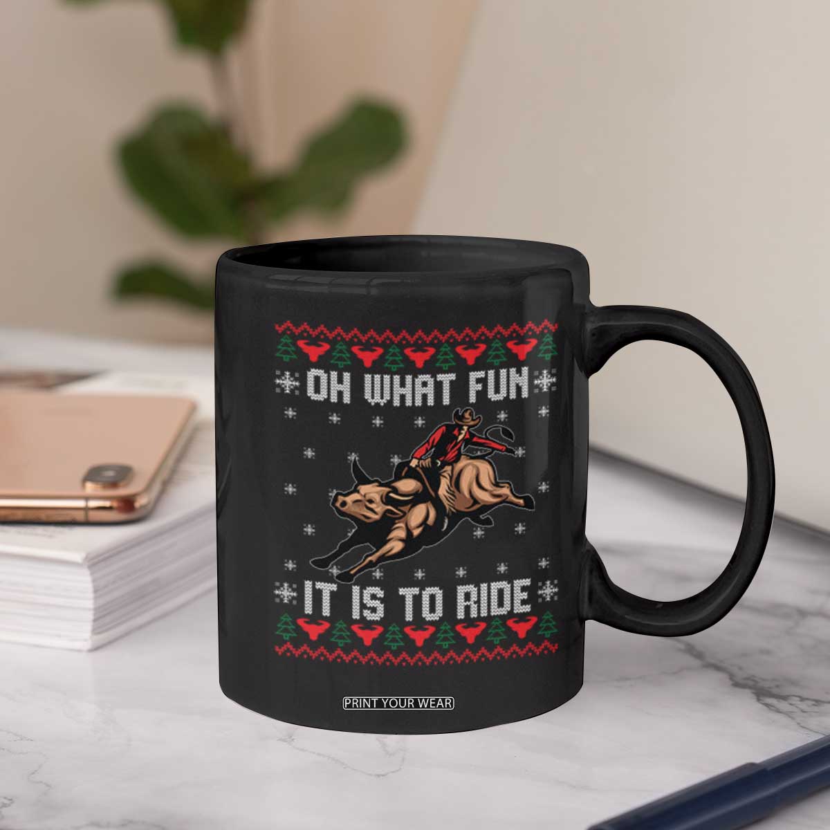 Western Bull Riding Ugly Christmas Coffee Mug Oh What Fun It Is To Ride TS12 Print Your Wear