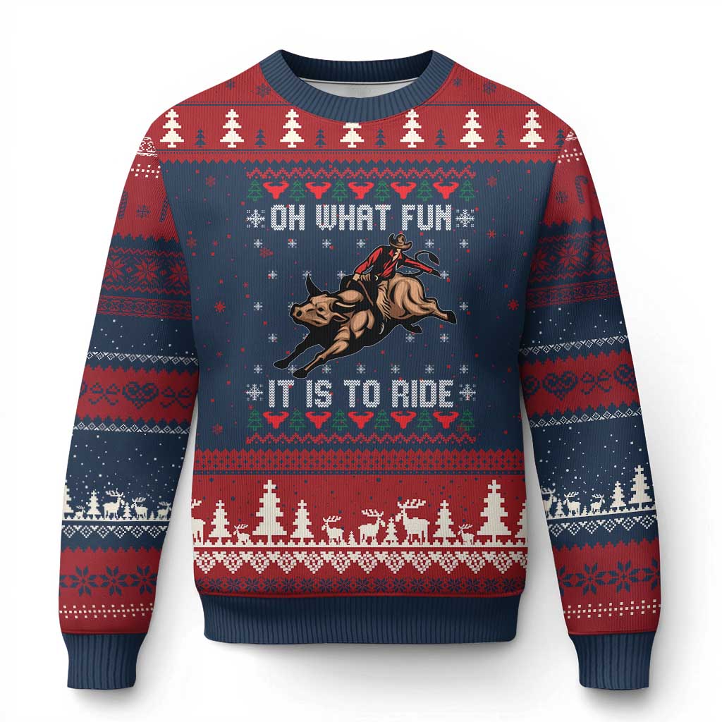 Western Bull Riding Ugly Xmas Ugly Christmas Sweater Oh What Fun It Is To Ride TS12 Navy Red Print Your Wear