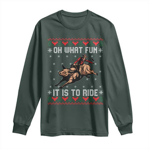 Western Bull Riding Ugly Christmas Long Sleeve Shirt Oh What Fun It Is To Ride TS12 Dark Forest Green Print Your Wear