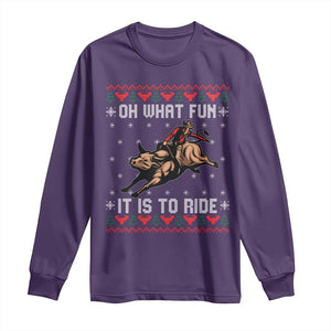 Western Bull Riding Ugly Christmas Long Sleeve Shirt Oh What Fun It Is To Ride TS12 Purple Print Your Wear