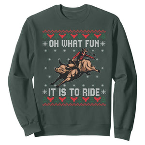 Western Bull Riding Ugly Christmas Sweatshirt Oh What Fun It Is To Ride TS12 Dark Forest Green Print Your Wear