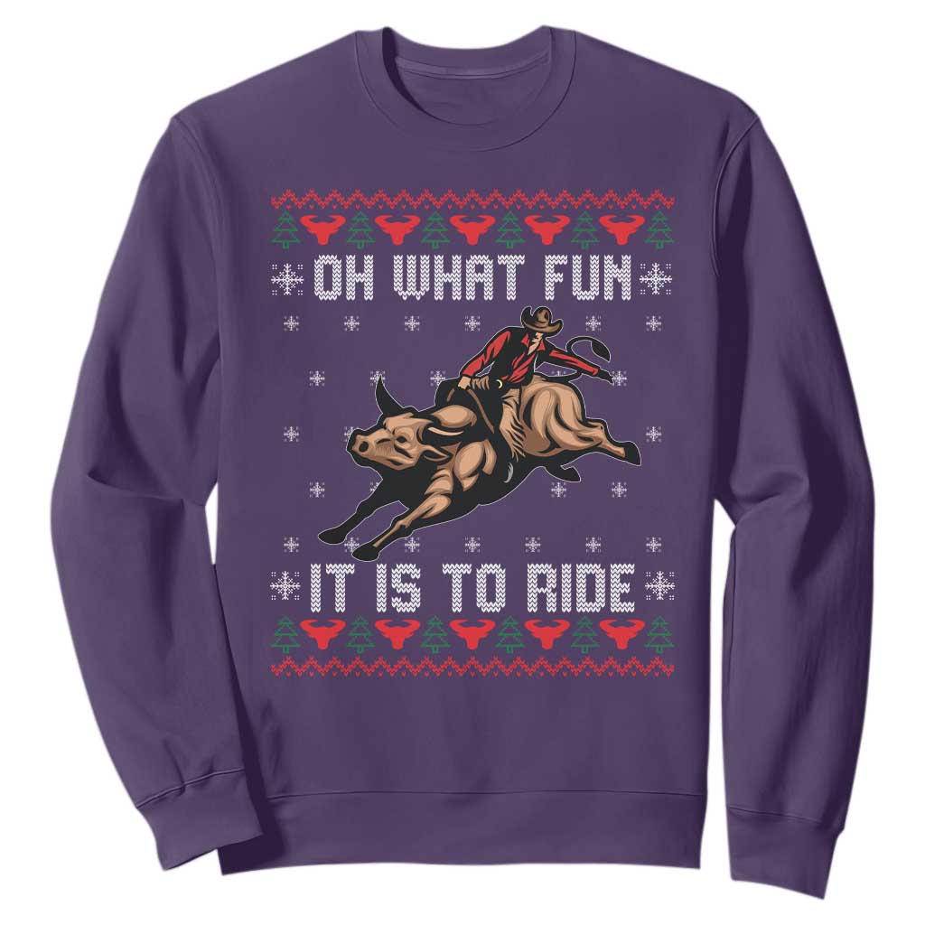 Western Bull Riding Ugly Christmas Sweatshirt Oh What Fun It Is To Ride TS12 Purple Print Your Wear