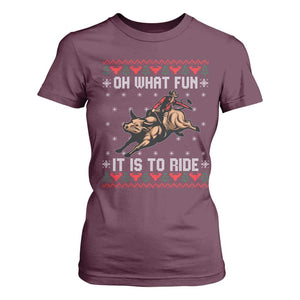 Western Bull Riding Ugly Christmas T Shirt For Women Oh What Fun It Is To Ride TS12 Maroon Print Your Wear