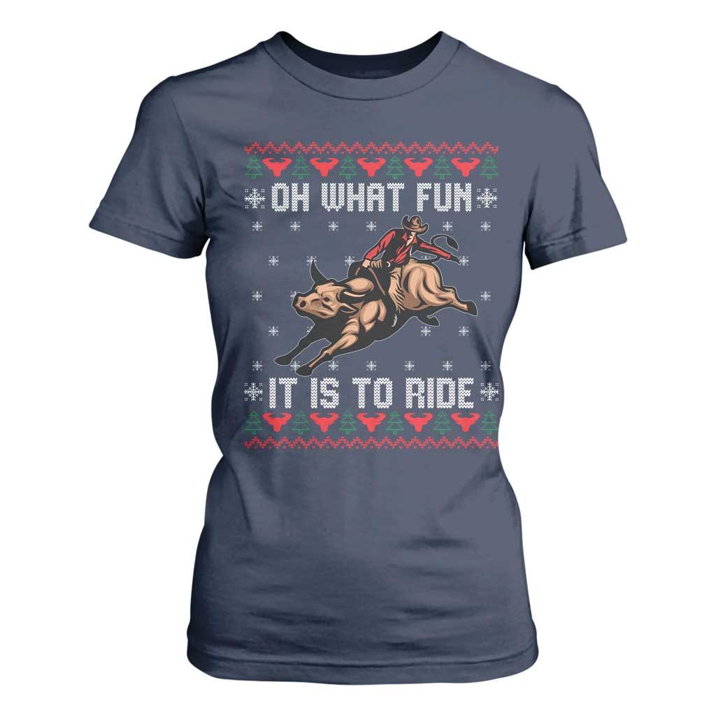 Western Bull Riding Ugly Christmas T Shirt For Women Oh What Fun It Is To Ride TS12 Navy Print Your Wear
