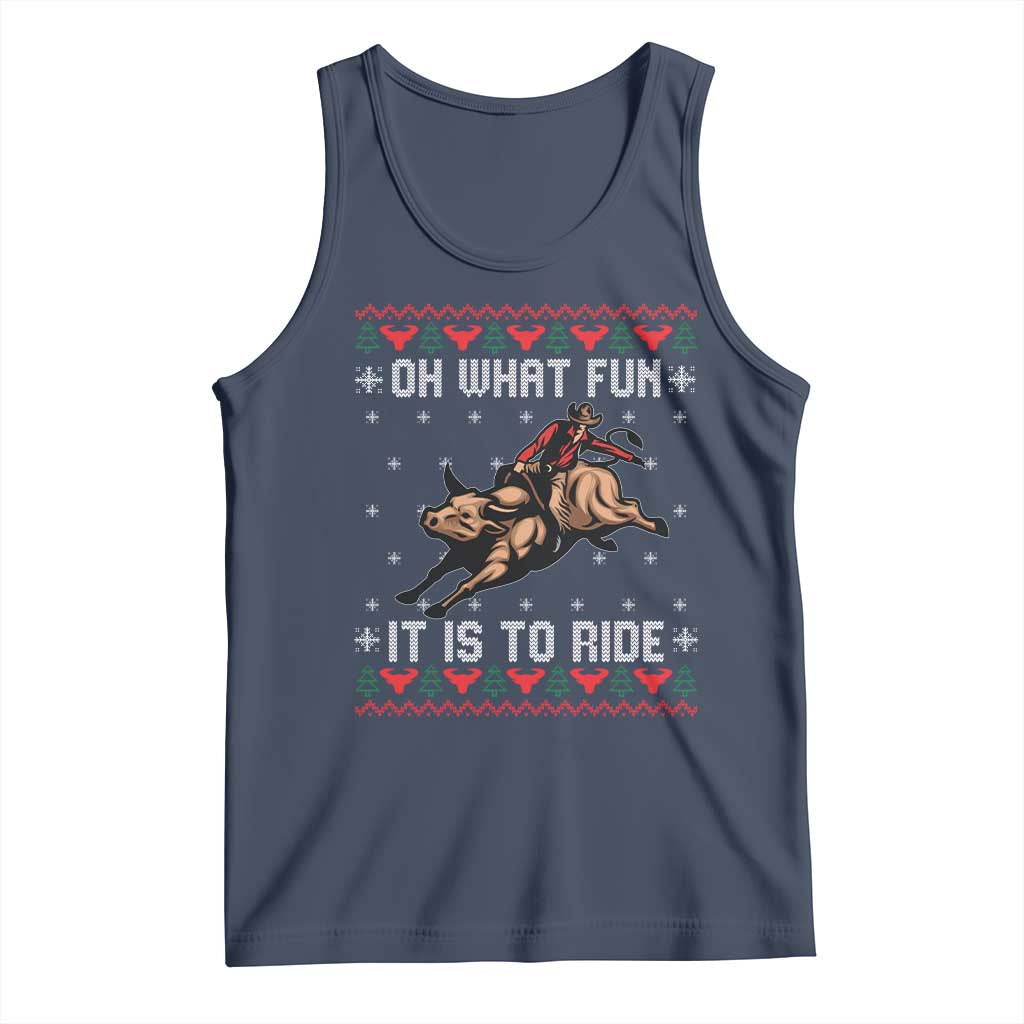 Western Bull Riding Ugly Christmas Tank Top Oh What Fun It Is To Ride TS12 Navy Print Your Wear