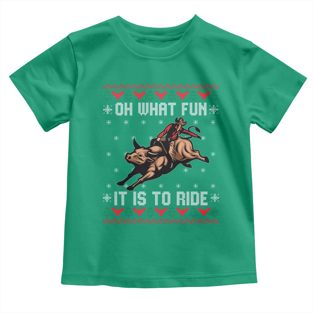 Western Bull Riding Ugly Christmas Toddler T Shirt Oh What Fun It Is To Ride TS12 Irish Green Print Your Wear