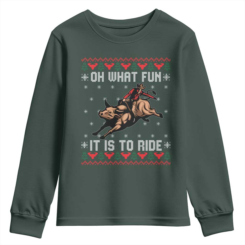 Western Bull Riding Ugly Christmas Youth Sweatshirt Oh What Fun It Is To Ride TS12 Dark Forest Green Print Your Wear
