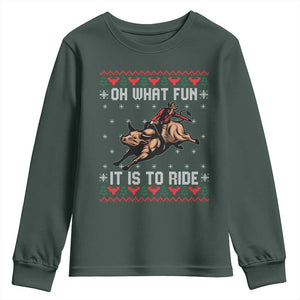 Western Bull Riding Ugly Christmas Youth Sweatshirt Oh What Fun It Is To Ride TS12 Dark Forest Green Print Your Wear