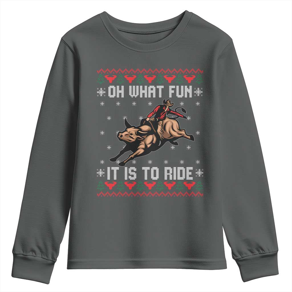 Western Bull Riding Ugly Christmas Youth Sweatshirt Oh What Fun It Is To Ride TS12 Dark Heather Print Your Wear