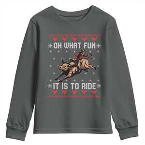 Western Bull Riding Ugly Christmas Youth Sweatshirt Oh What Fun It Is To Ride TS12 Dark Heather Print Your Wear