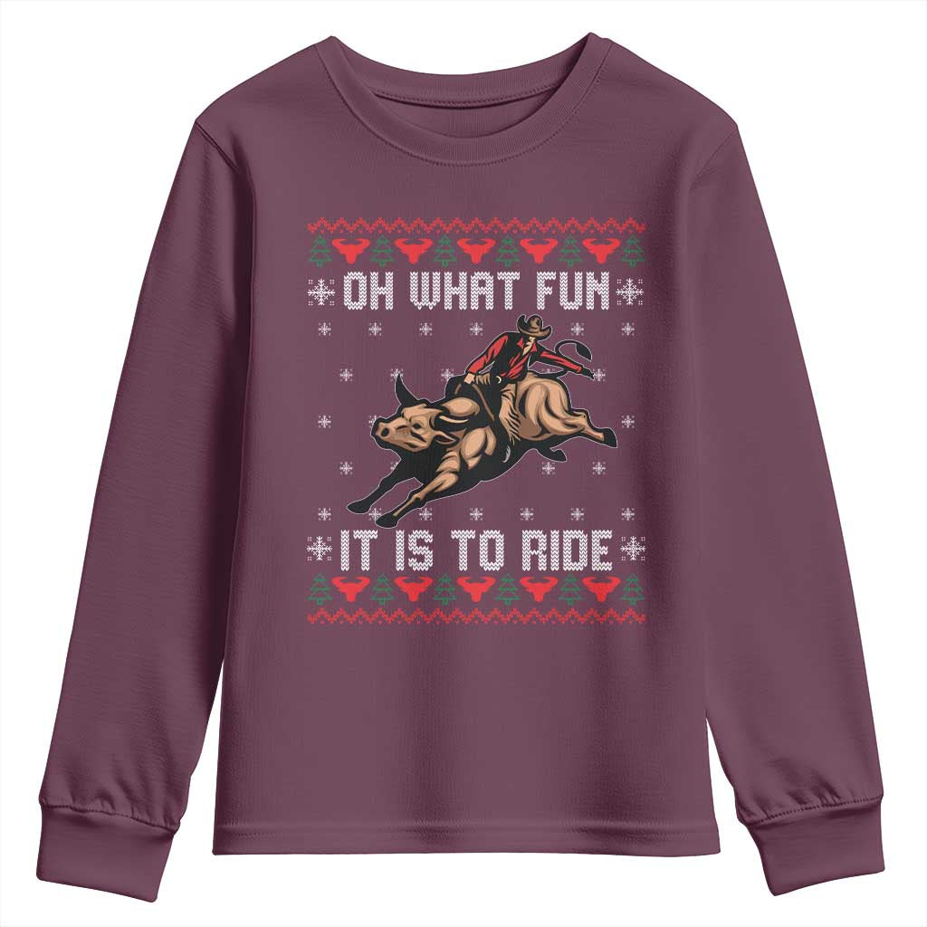 Western Bull Riding Ugly Christmas Youth Sweatshirt Oh What Fun It Is To Ride TS12 Maroon Print Your Wear