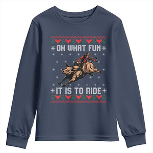 Western Bull Riding Ugly Christmas Youth Sweatshirt Oh What Fun It Is To Ride TS12 Navy Print Your Wear