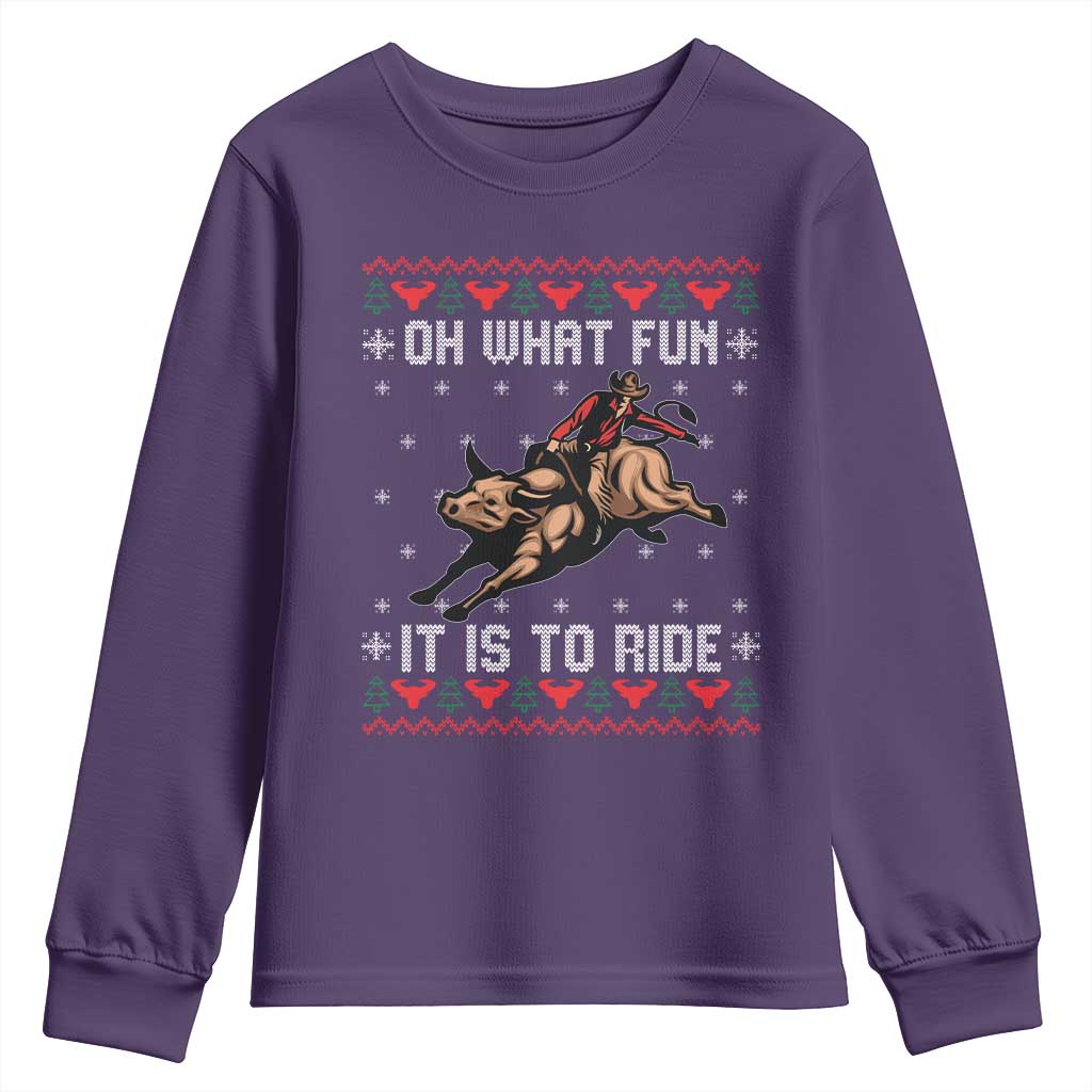 Western Bull Riding Ugly Christmas Youth Sweatshirt Oh What Fun It Is To Ride TS12 Purple Print Your Wear