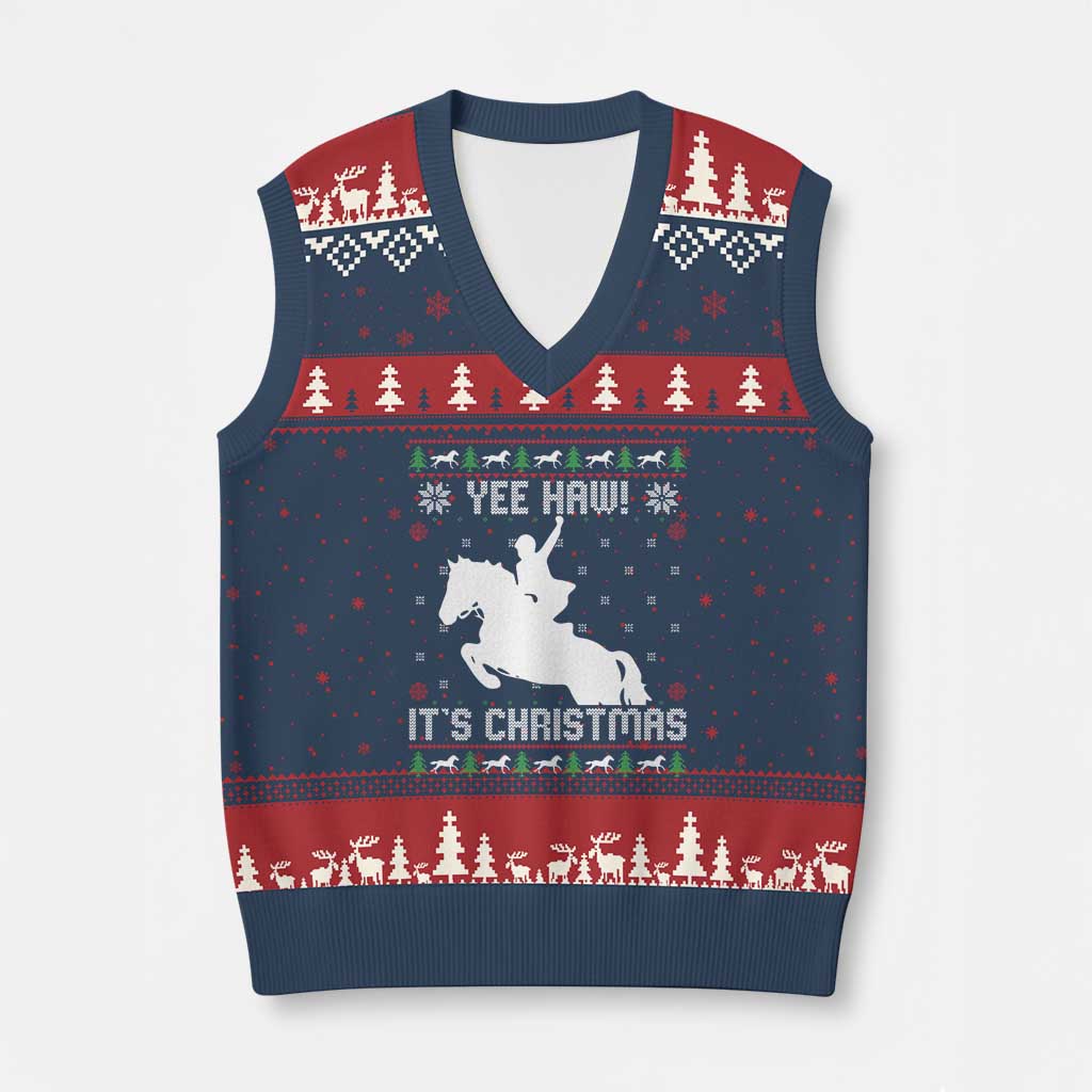 Yee Haw It Is Xmas V-Neck Knit Sweater Vest Funny Ugly Xmas Rodeo Gift For Cowgirl TS12 Navy Red Print Your Wear