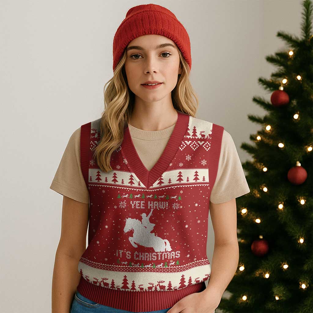 Yee Haw It Is Xmas V-Neck Knit Sweater Vest Funny Ugly Xmas Rodeo Gift For Cowgirl TS12 Red Beige Print Your Wear
